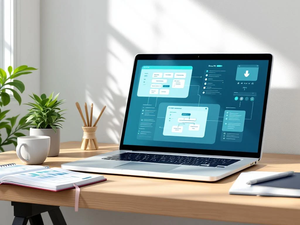 Laptop toont geautomatiseerde werkstroomdiagrammen op opgeruimd minimalistisch bureau met notitieboek en koffiemok