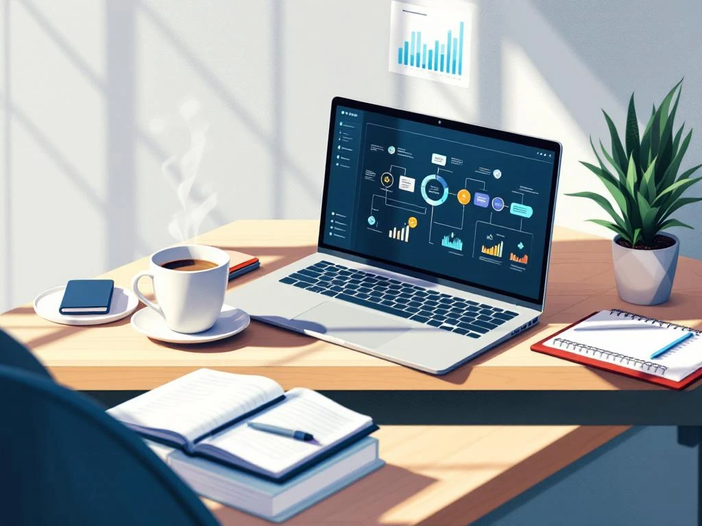 Laptop toont geautomatiseerde workflow diagrammen op minimalistische bureau met koffie, notitieboek en plant